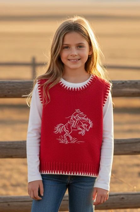 TWISTED FILLY GIRLS' BUCKING HORSE SWEATER VEST - RED