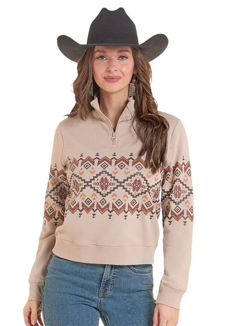 PANHANDLE SLIM WOMEN'S BORDER AZTEC QUARTER ZIP - TAUPE