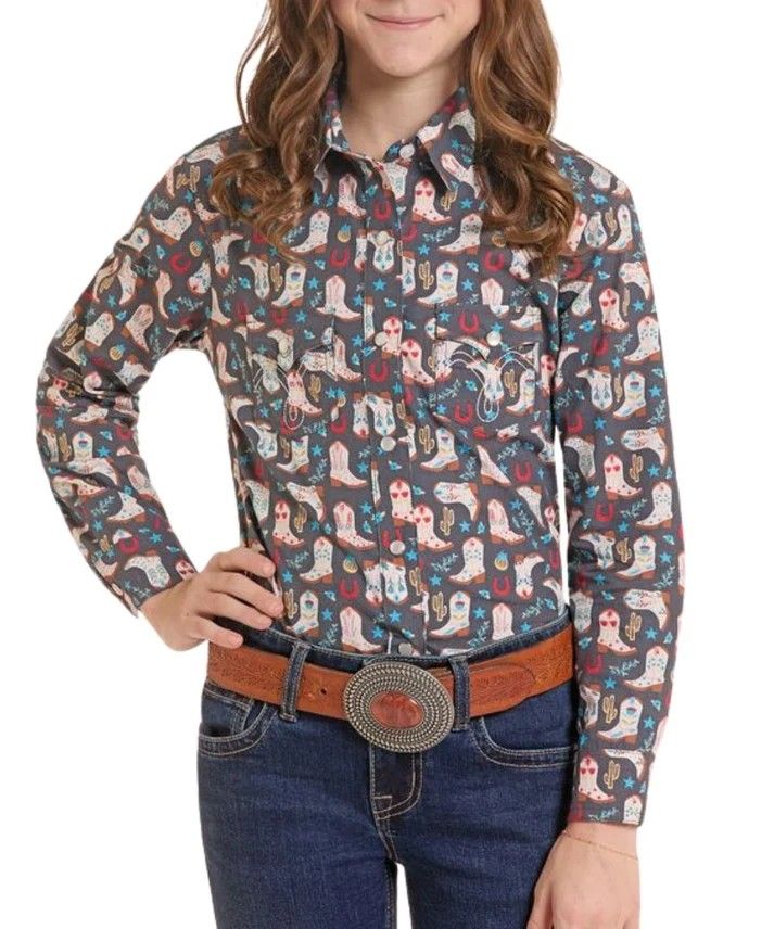 PANHANDLE SLIM GIRLS' LONG SLEEVE PEARL SNAP SHIRT - DARK GREY