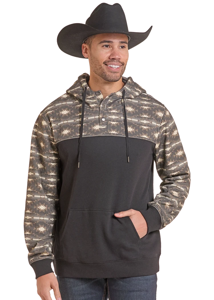 ROCK &amp; ROLL BOYS' COLORBLOCKED HENLEY HOODED SWEATSHIRT - BLACK