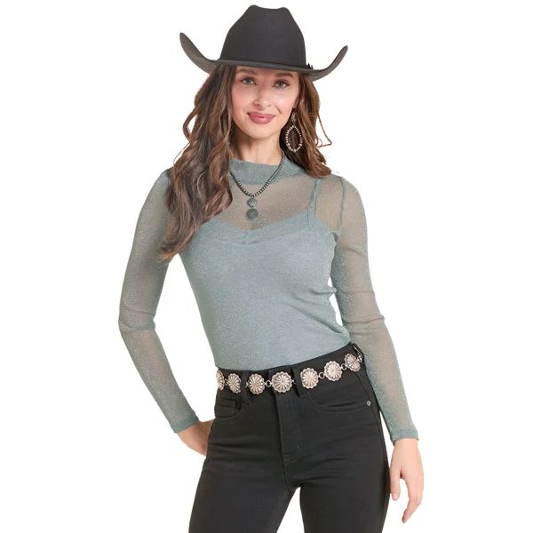 ROCK &amp; ROLL WOMEN'S LONG SLEEVE MESH LUREX SHIRT - JADE