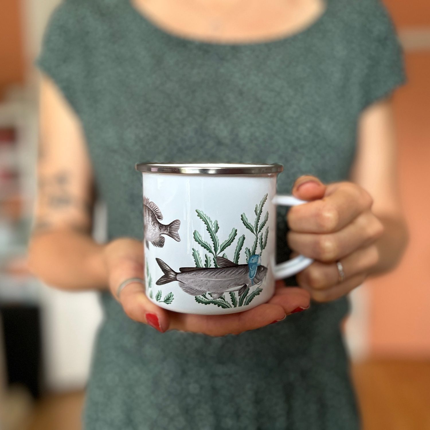 Tasses &quot;poissons hiver&quot; en acier inoxydable émaillée
