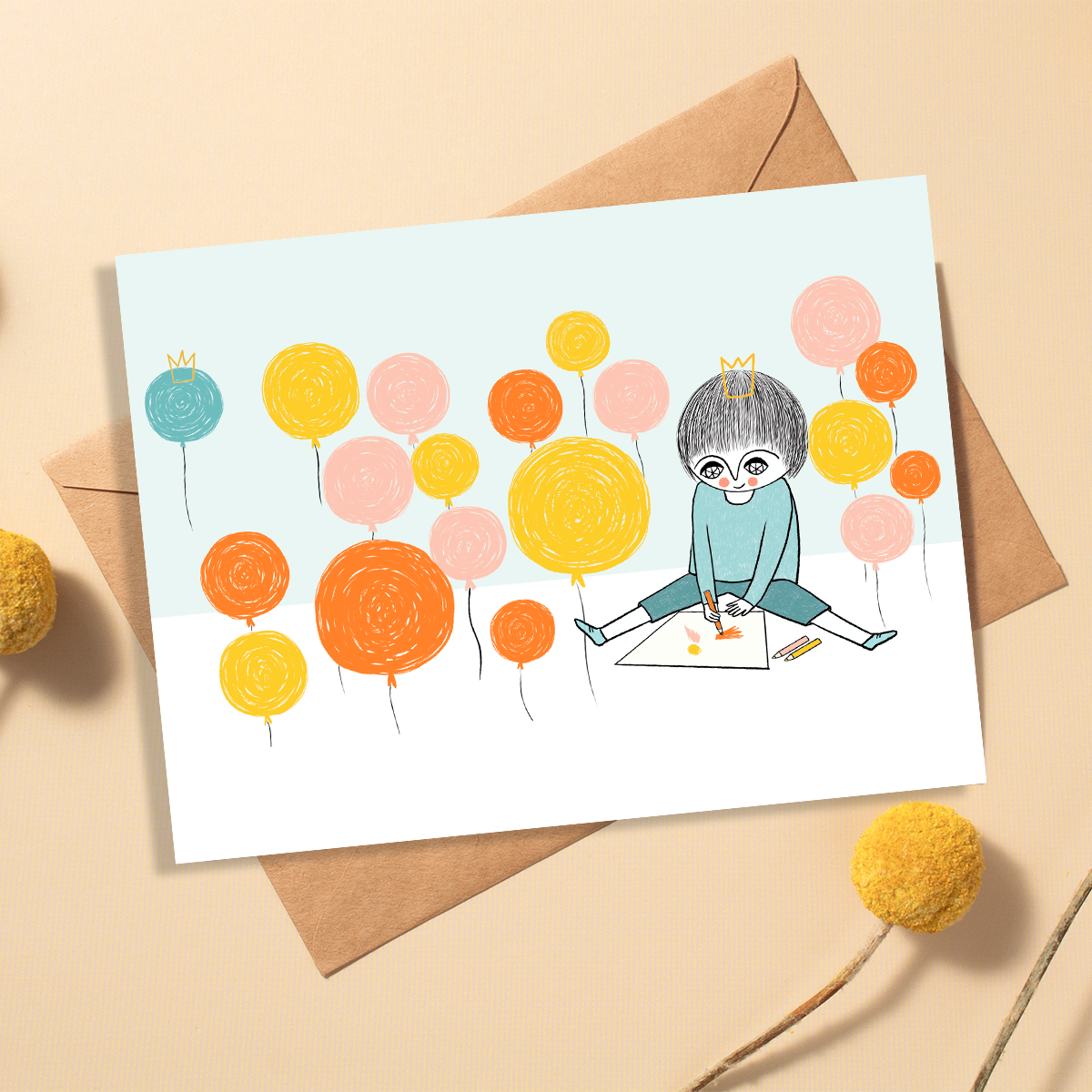 Coloriage garçon entouré de ballons - Carte de souhaits