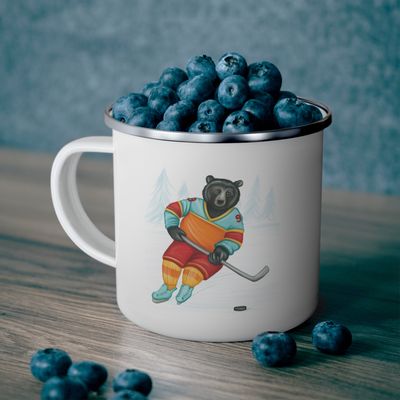 Tasse en émail ours jouant au hockey