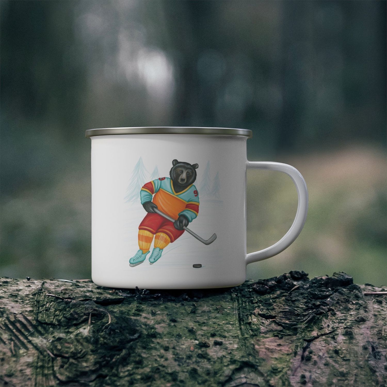 Tasse ours jouant au hockey en acier inoxydable émaillée