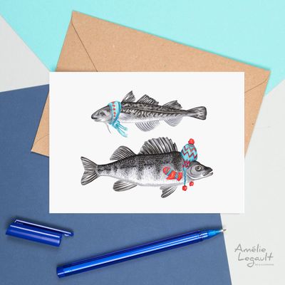 Carte poisson avec tuque et foulard