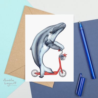 Baleine à Bosse en trotinette - Carte de souhait