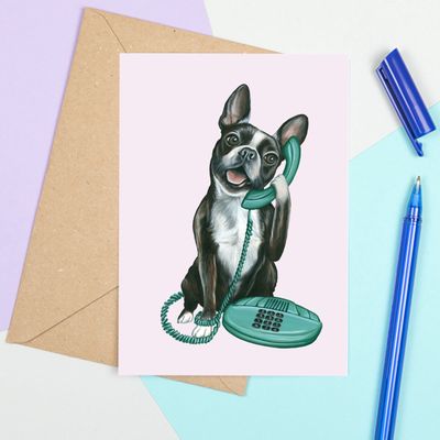 Boston Terrier au téléphone - Carte de souhait