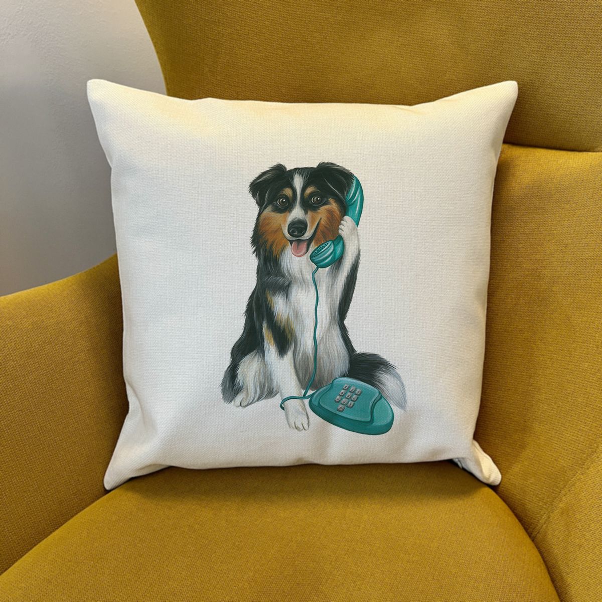 Housse de Coussin - Berger Australien au téléphone