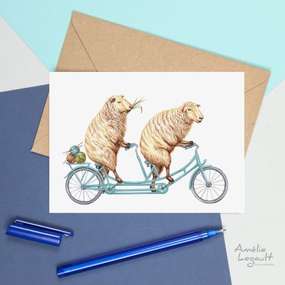 Moutons en vélo tandem - Carte de souhait