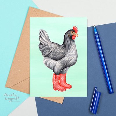 Poule en bottes de pluie - Carte de souhait