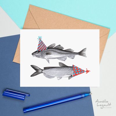 Carte poisson avec chapeaux d’anniversaire-1
