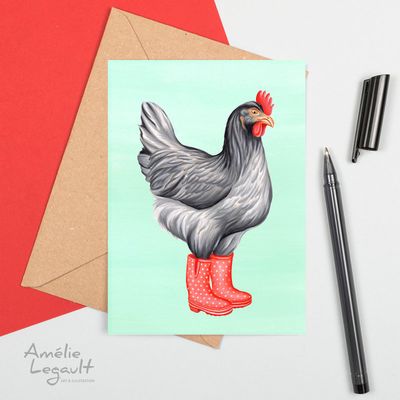 Poule en bottes de pluie - Carte de souhait