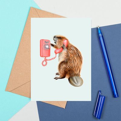 Castor au téléphone - Carte de souhaits