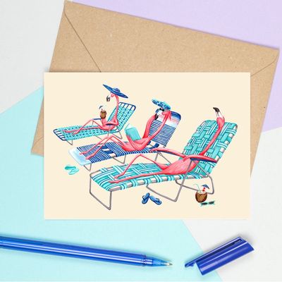 Flamants roses à la plage - Carte de souhait