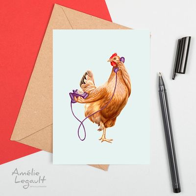 Poule au téléphone - carte de souhait