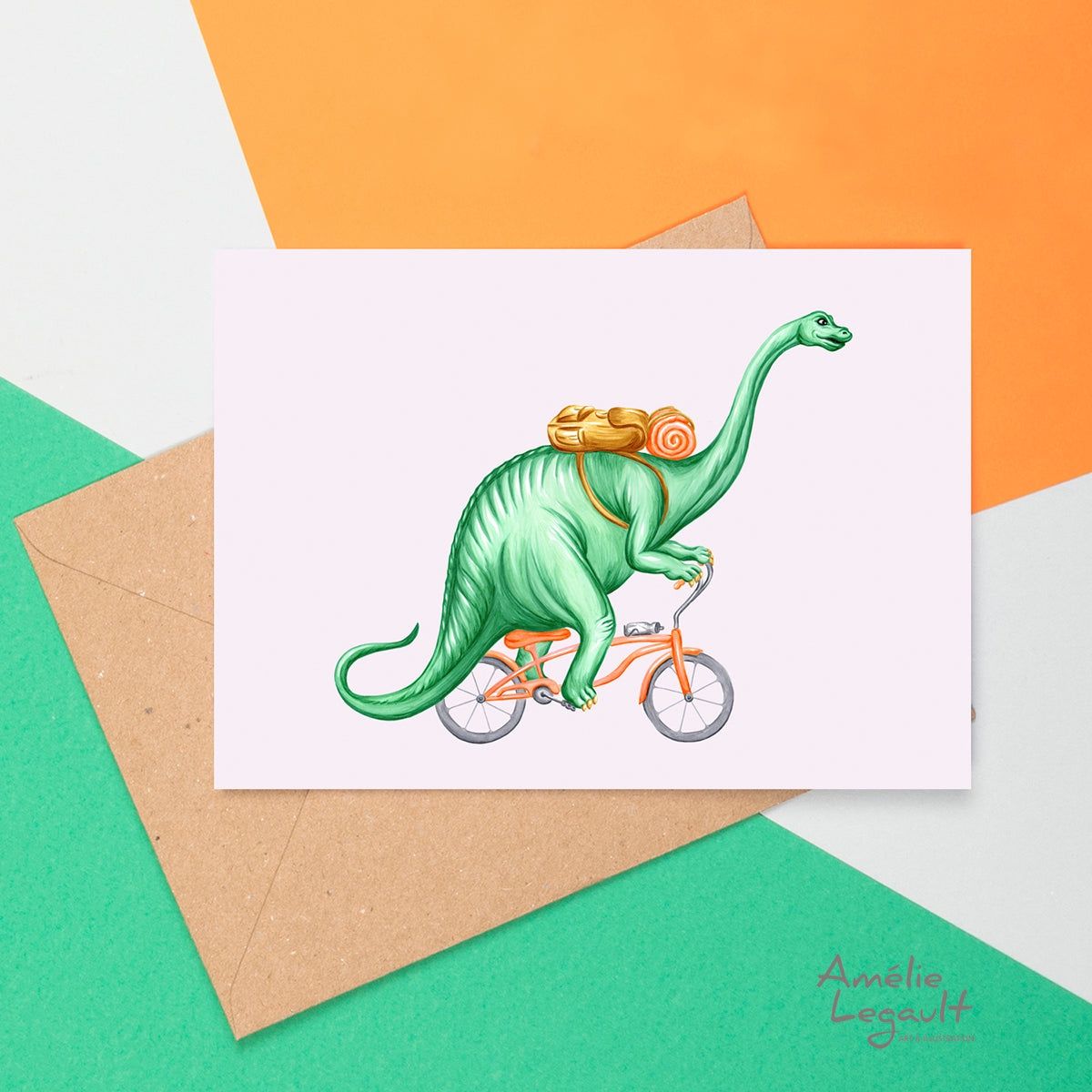 Brontosaure en vélo - Carte de souhait