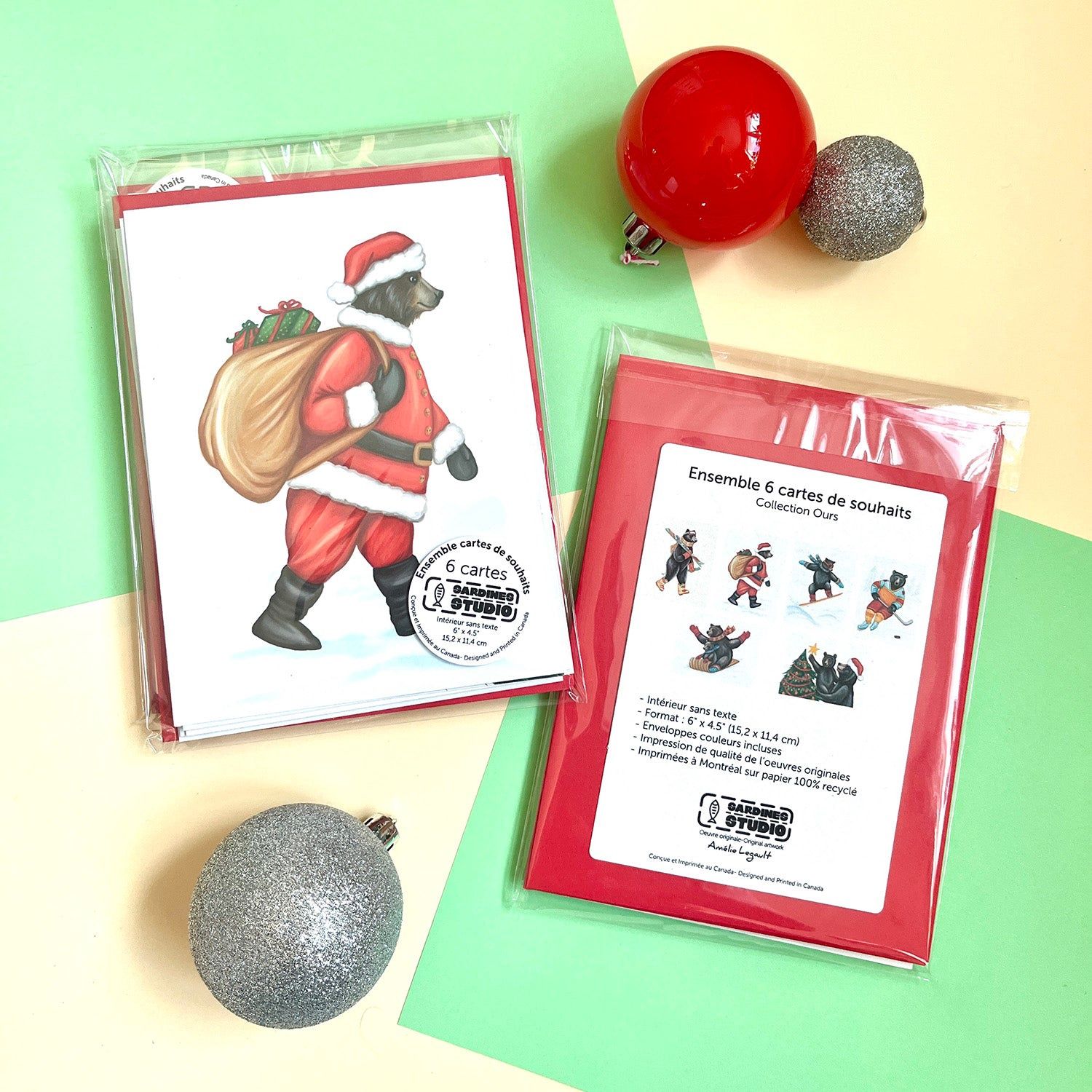 Ensemble de 6 cartes de souhait Ours de Noël