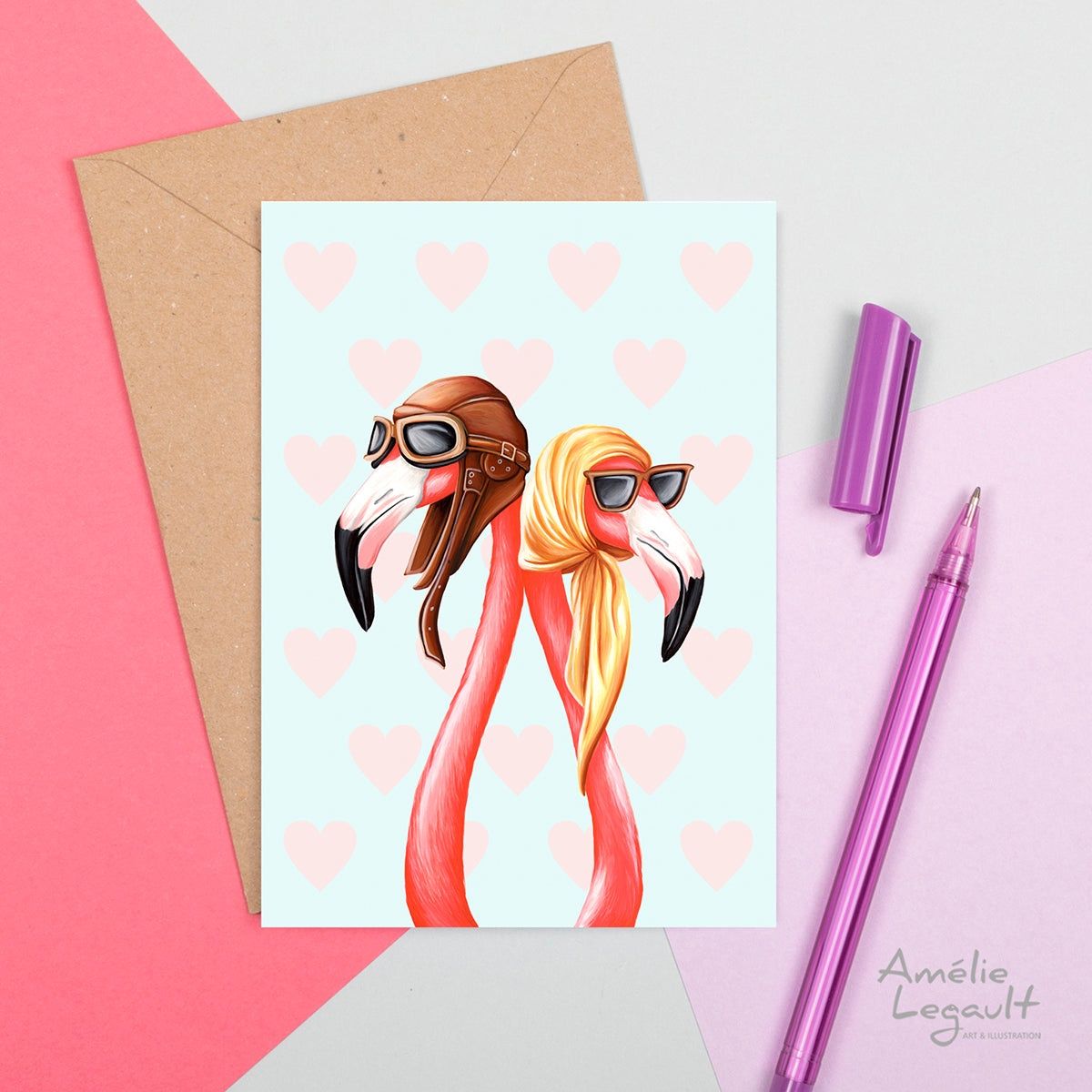 Flamants roses Aviateurs - Carte de souhait