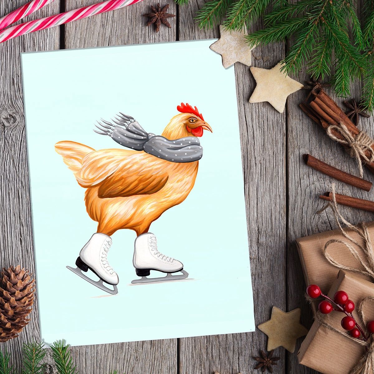 Poule en patin à glace - Carte de souhait