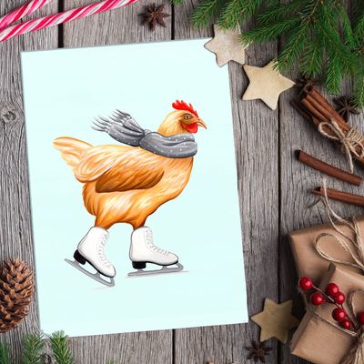 Poule en patin à glace - Carte de souhait