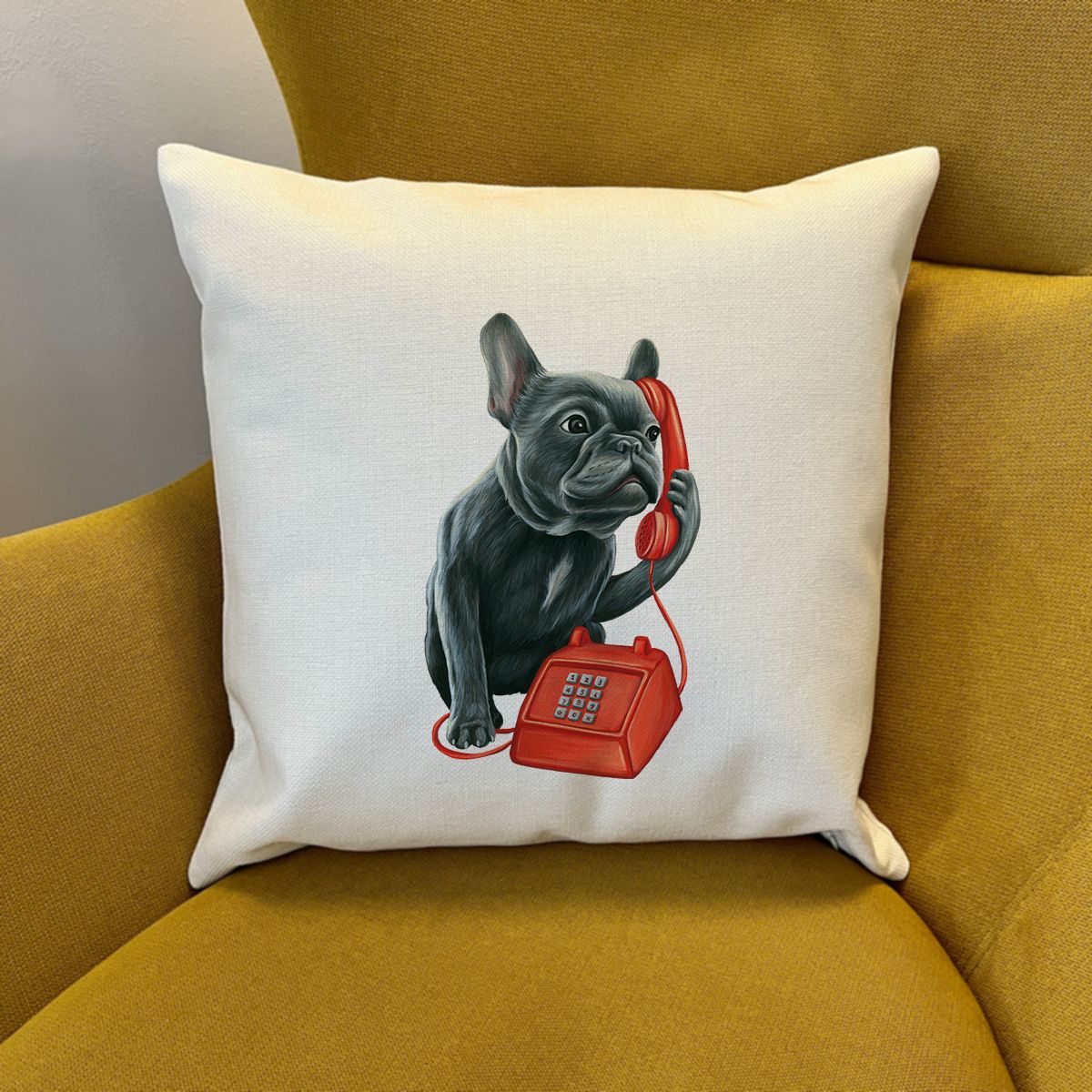 Housse de Coussin - Bouledogue français au téléphone