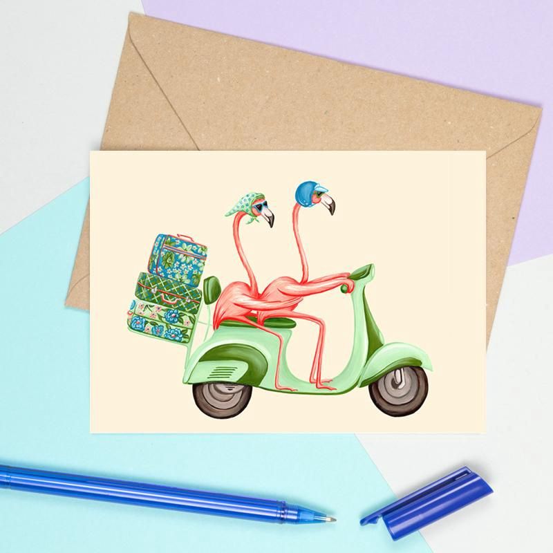 Flamants en scooter - Carte de souhaits