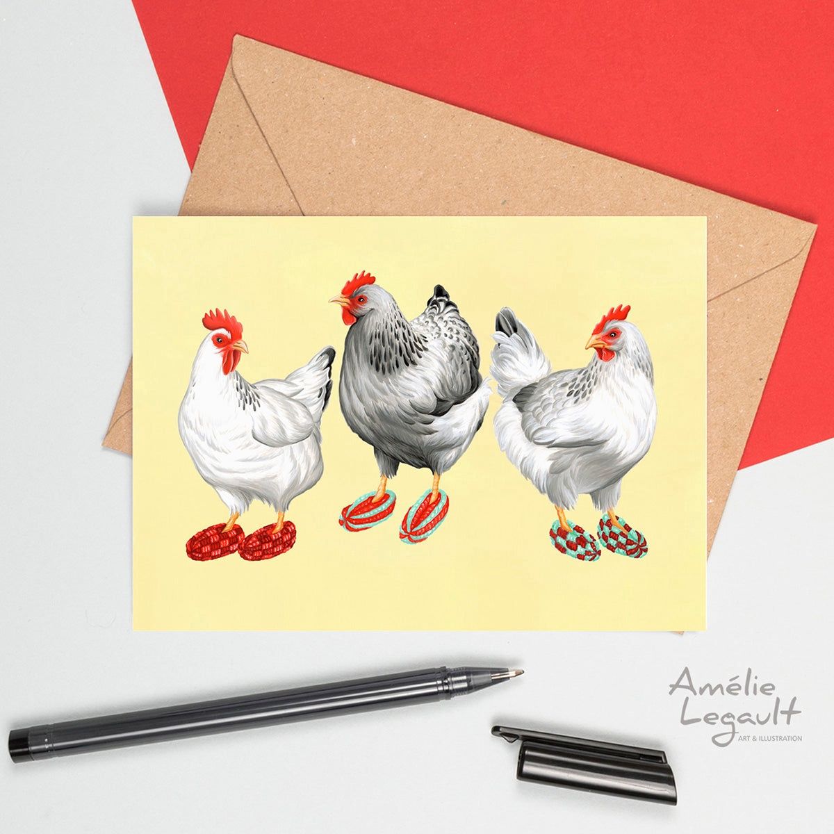 Poules en pantoufles en phentex - Carte de souhait