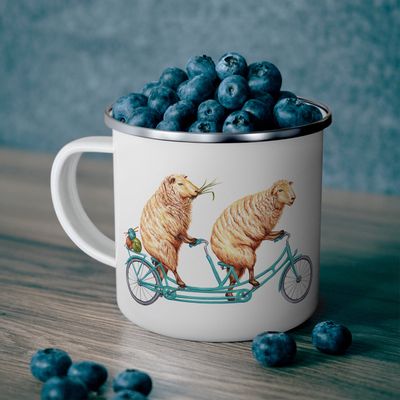 Tasse en émail moutons à vélo