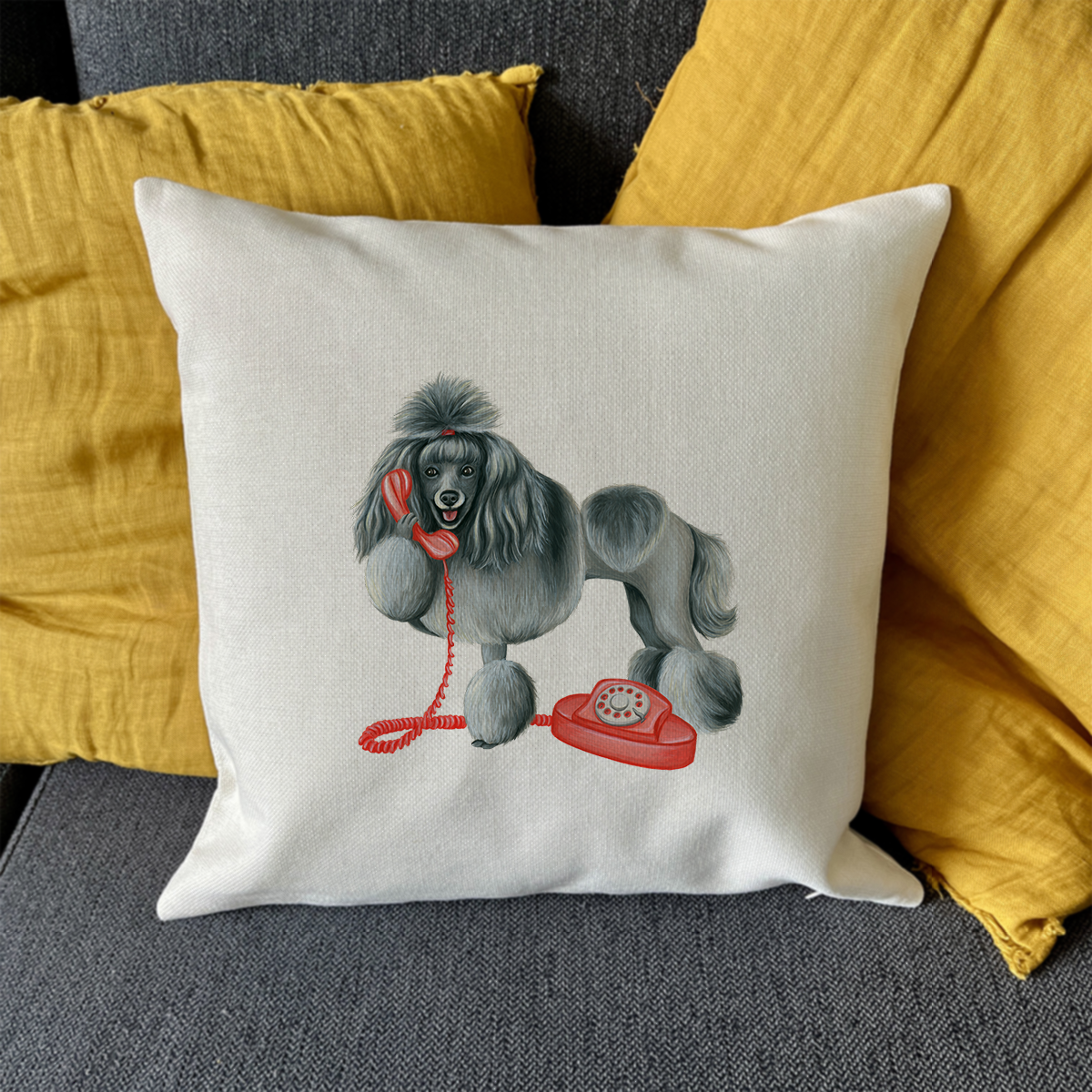 Housse de Coussin - Caniche au téléphone