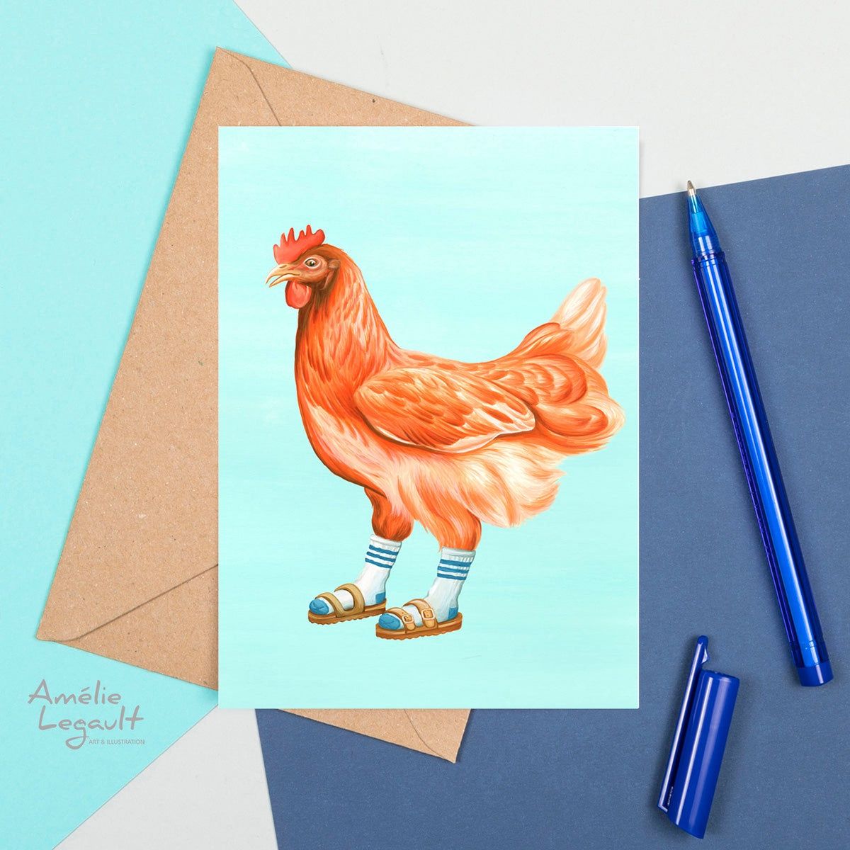Poule en sandales avec des bas - Carte de souhait