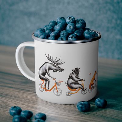 Tasses en émail Trio animal en vélo