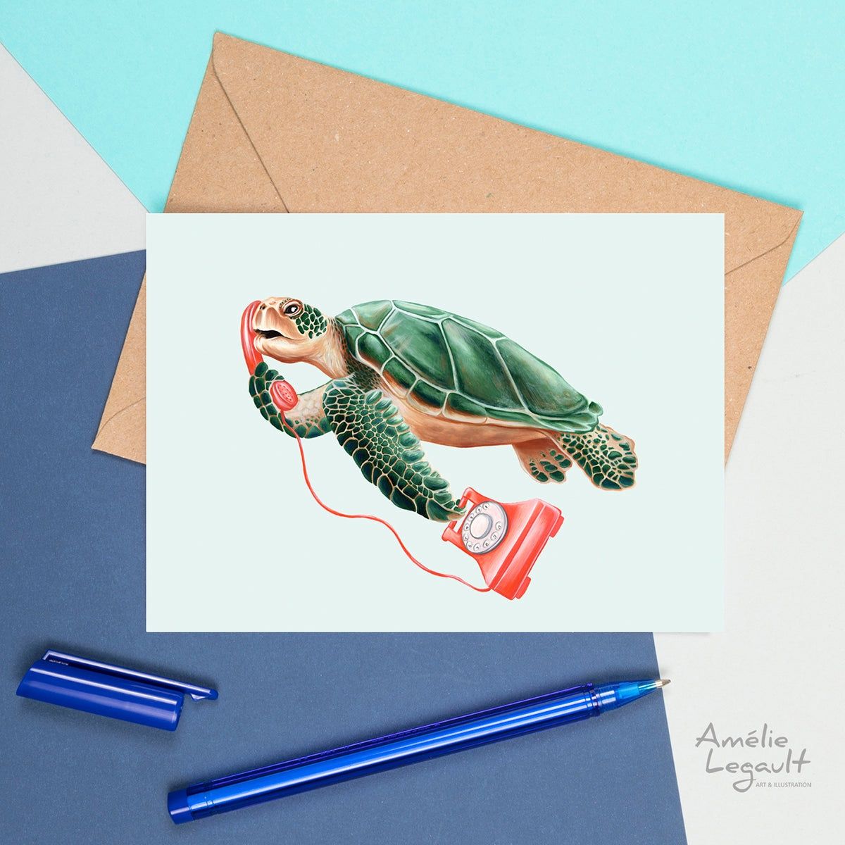 Tortue au téléphone - Carte de souhait