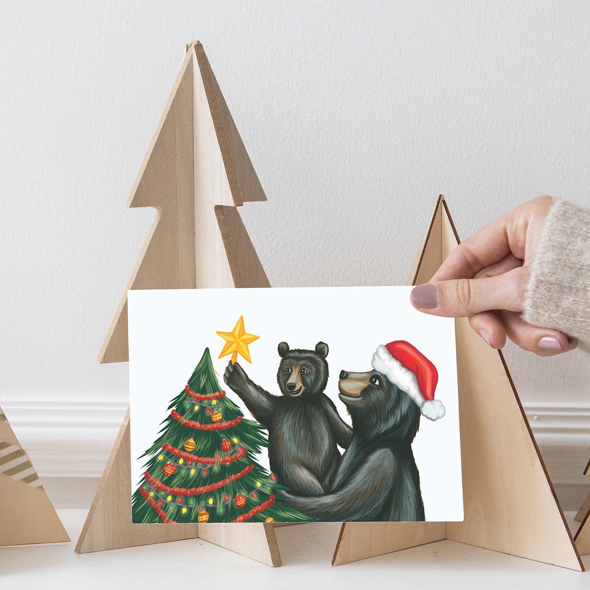 Ours décorant le sapin de Noël - Carte de souhait