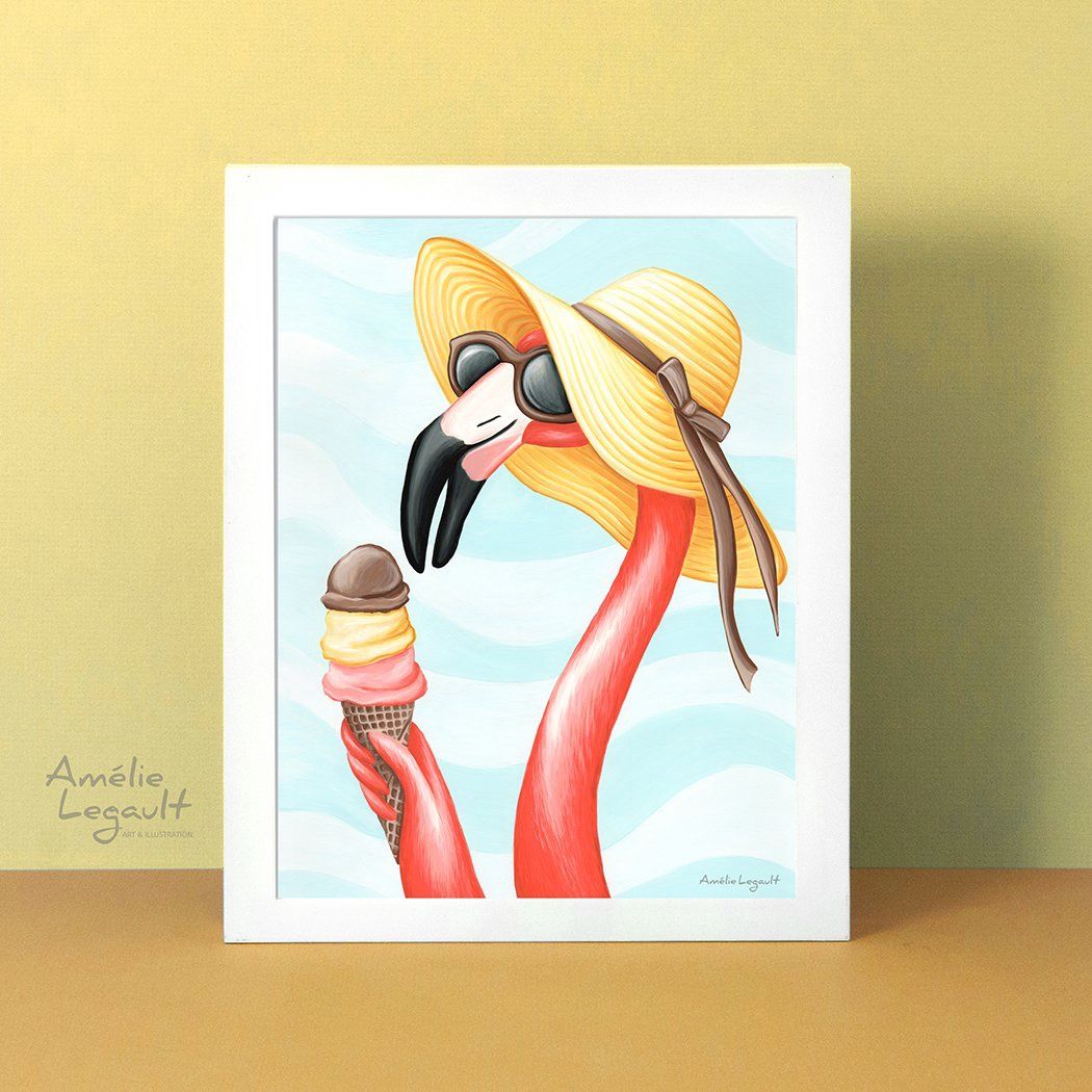 Madame Flamant rose et cornet de crème glacée - Affiche murale