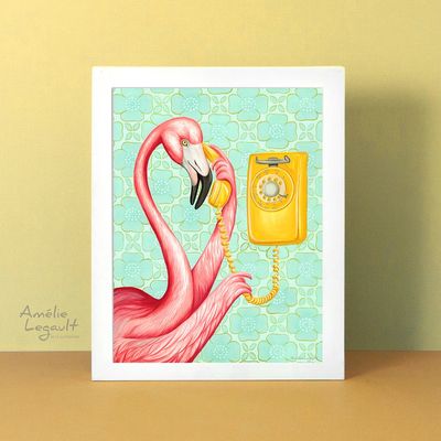 Flamants roses au téléphone - Affiche Murale