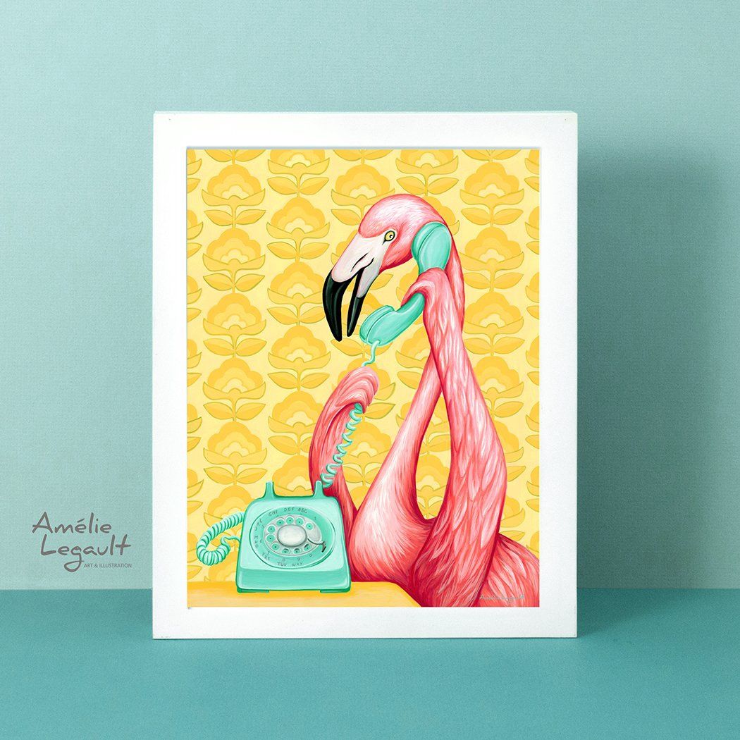 Flamants roses au téléphone - Affiche Murale