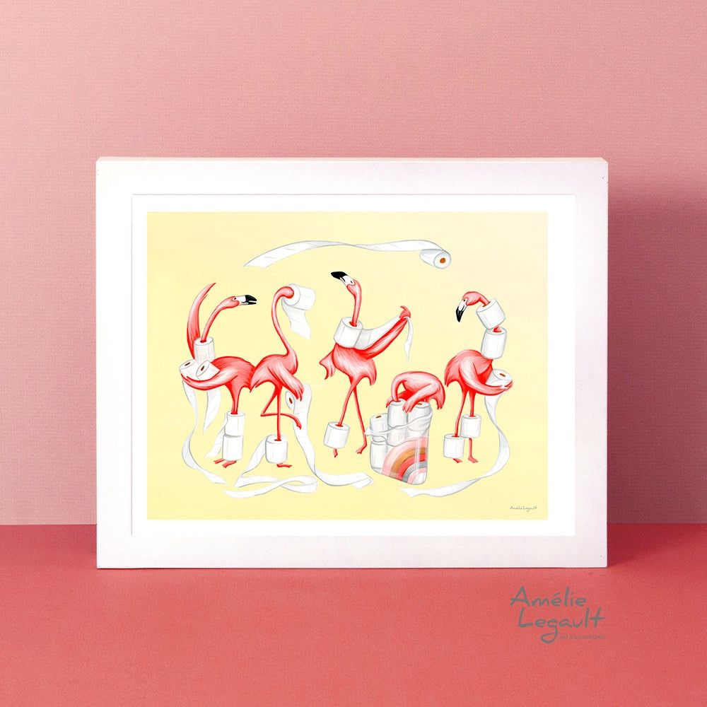 Flamants roses et rouleaux de papier de toilette - Affiche murale