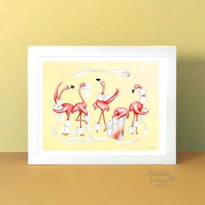 Flamants roses et rouleaux de papier de toilette - Affiche murale