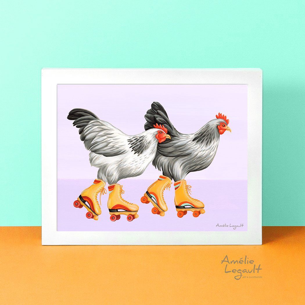 Poules en patins à roulettes - Affiche murale