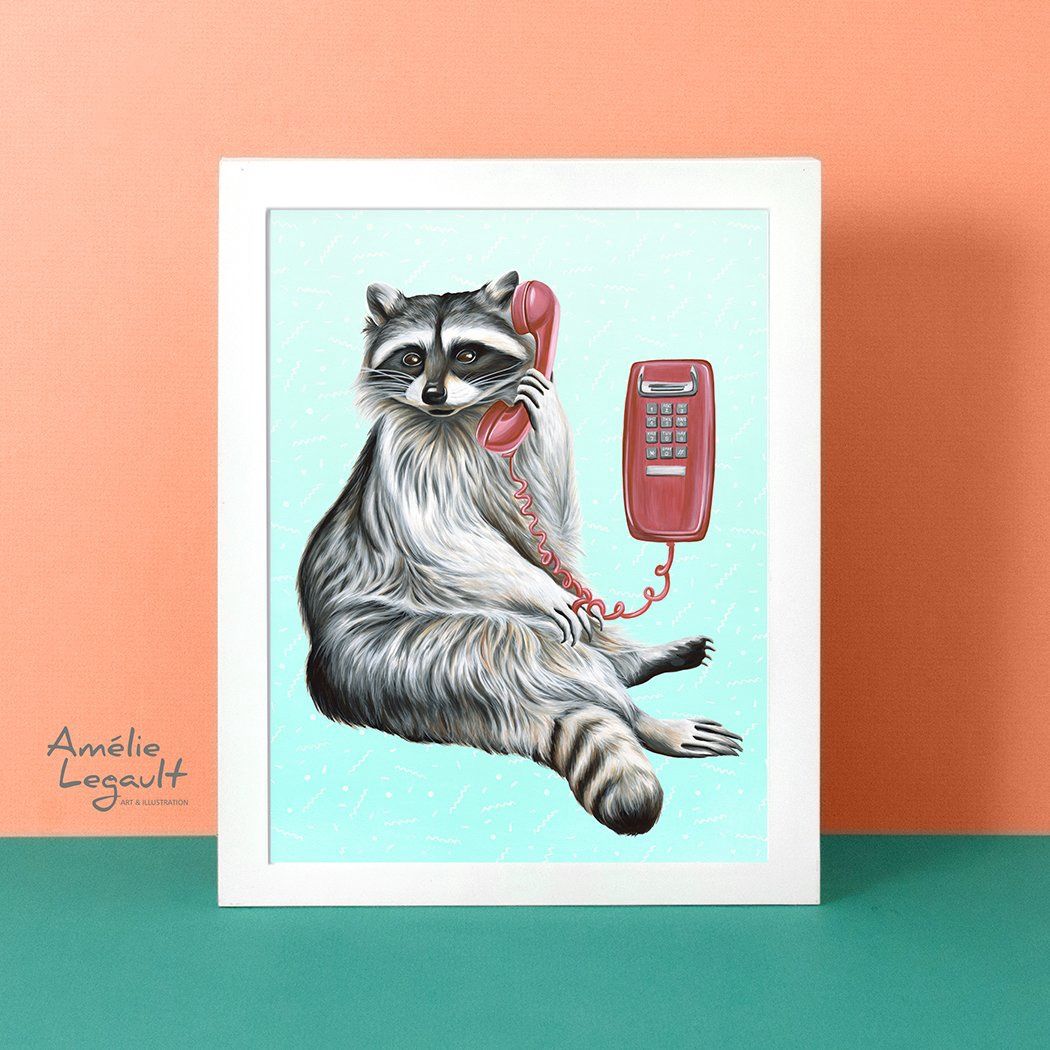 Raton laveur au téléphone - Affiche murale