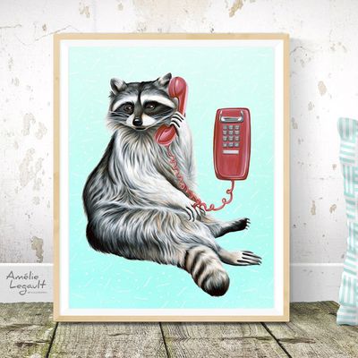 Raton laveur au téléphone - Affiche murale