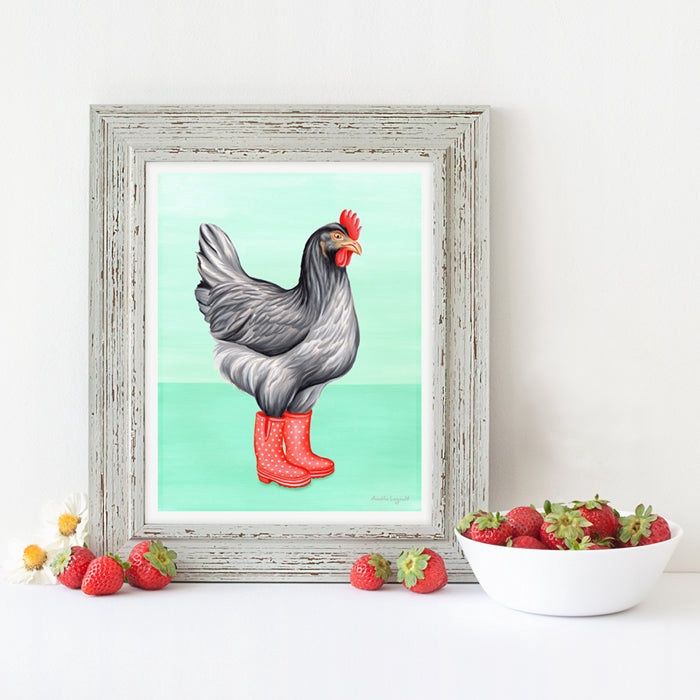 Poule bottes de pluie rouge - Affiche murale