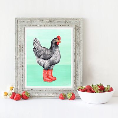 Poule bottes de pluie rouge - Affiche murale