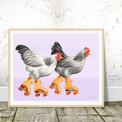 Poules en patins à roulettes - Affiche murale