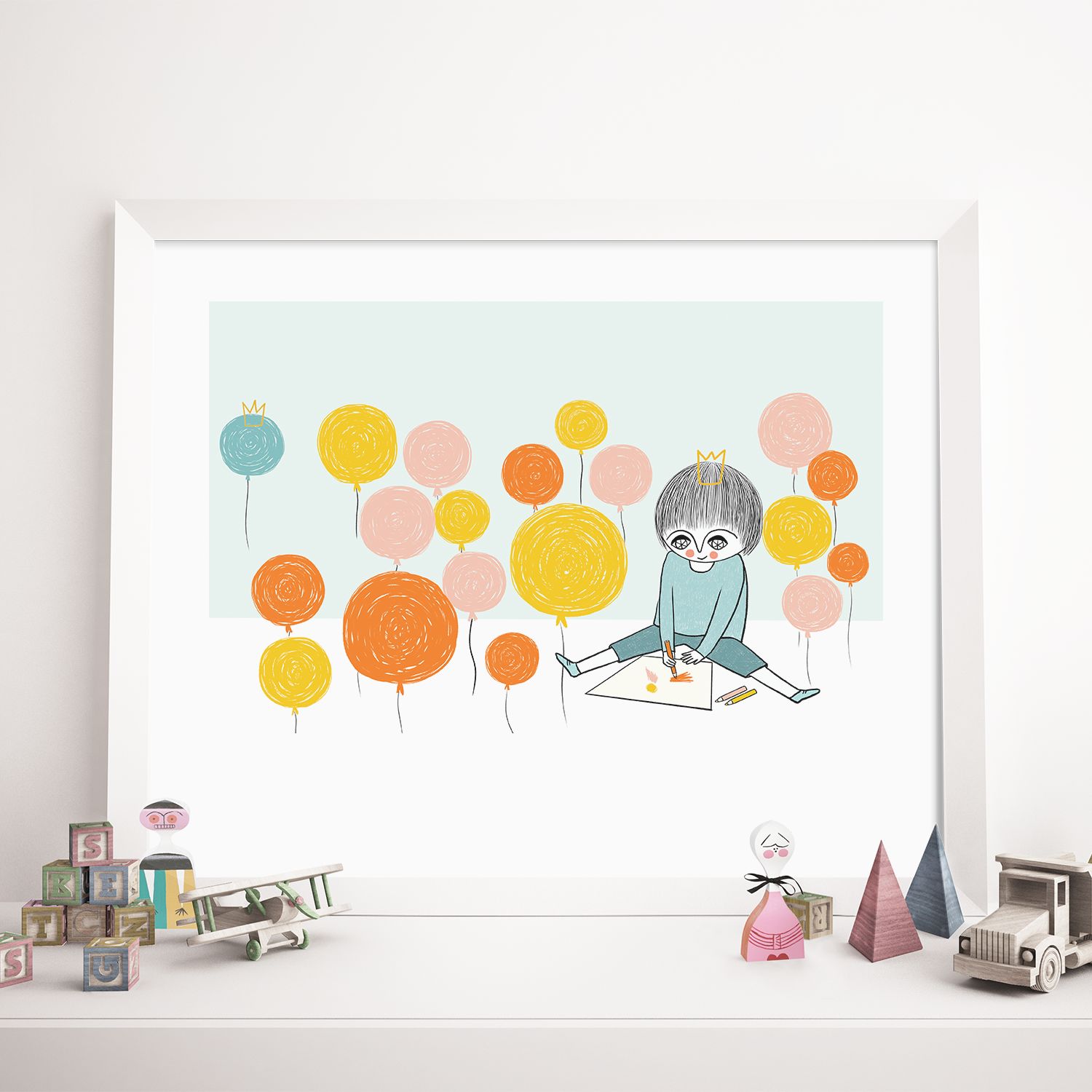 Garçon colloriage avec des ballons - Affiche murale