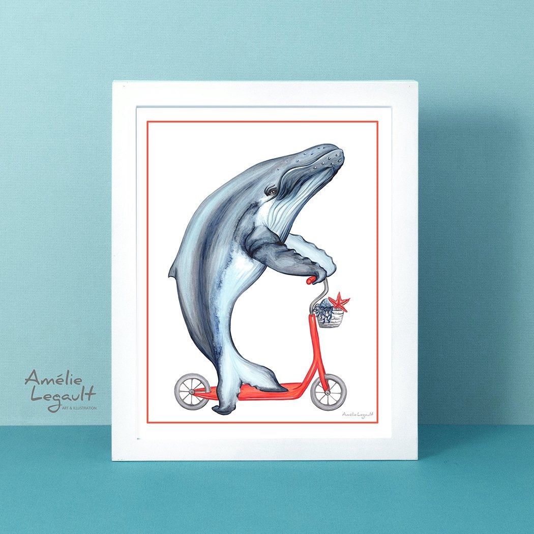 Baleine à bosse à trottinette - Affiche murale