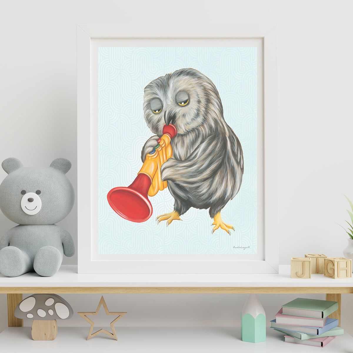 Bébé hibou joue de la trompette - Affiche murale