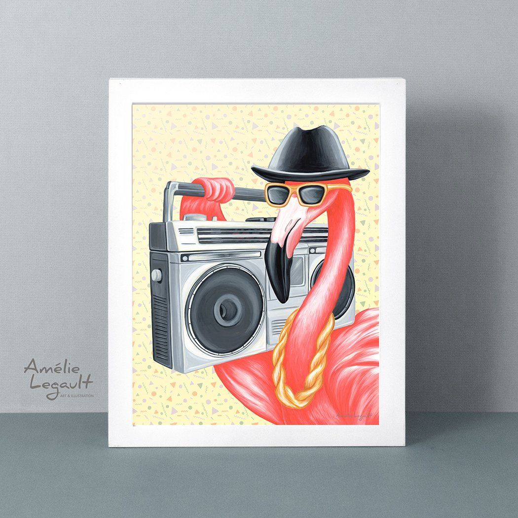 Flamant rose avec ghetto blaster - Affiche murale