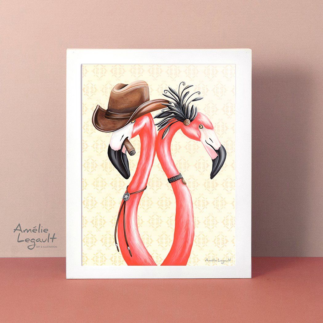 Flamants cowboy et saloon girl - Affiche murale